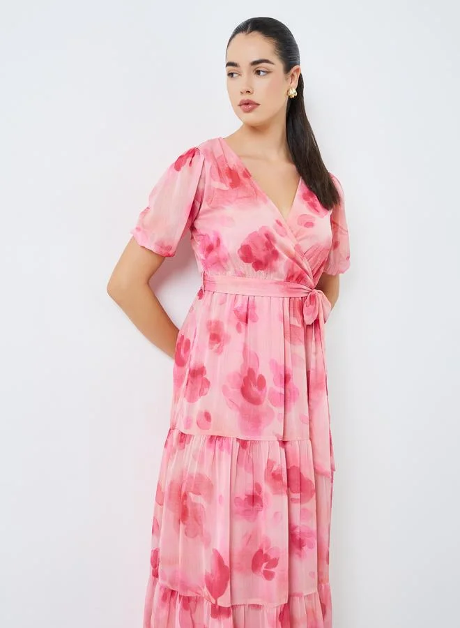 ستايلي فستان طويل نسائي شيفون بنقشة زهور وأكمام منفوخة